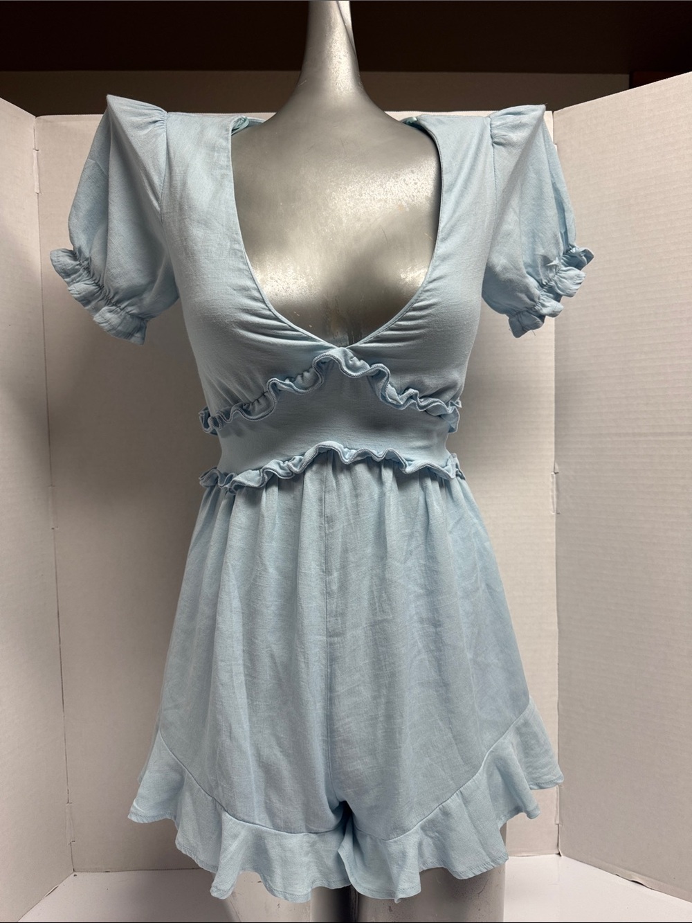Miami Baby Blue Ruffle V-Neck Camisole Romper